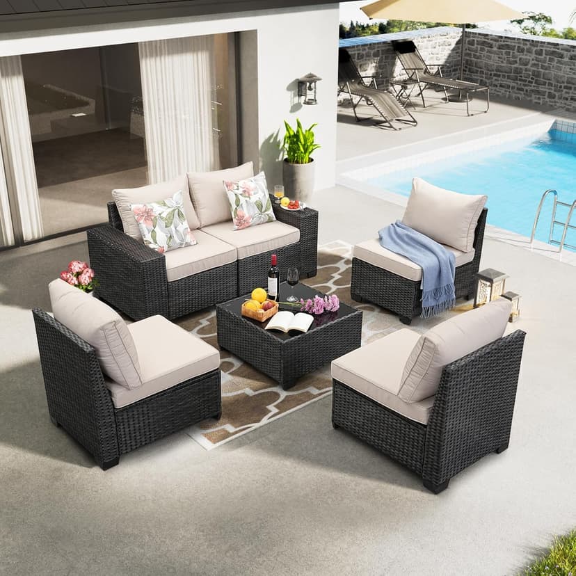 6 Pieces Patio Furniture Set All-Weather Outdoor Wicker Sectional Conversation Sofa Rattan Patio Seating Sofa with Cushion and Glass Table for Porch Poolside,Beige