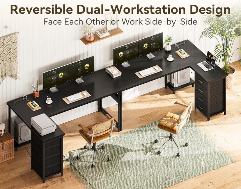 AODK L Shaped Gaming Desk with 4 Drawers, 61" Reversible Home Office Desks with Power Outlets, L Shaped Computer Desk with USB Charging Port and Host Stand, Corner Desk, Easy to Assemble, Black