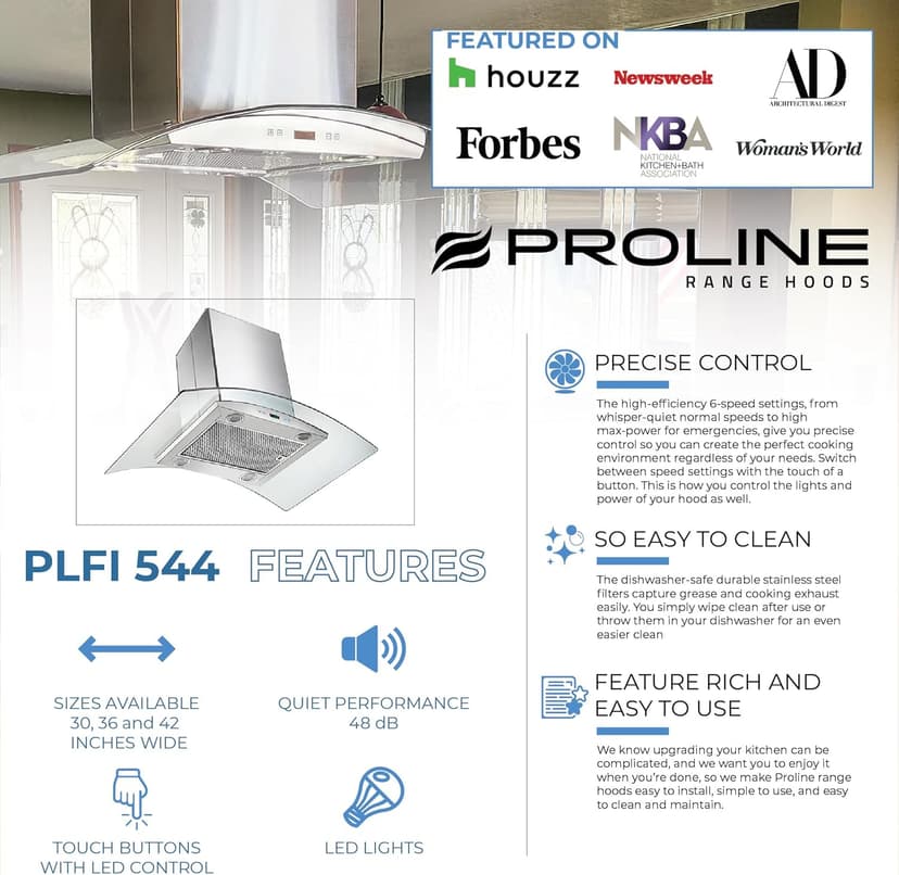 PROLINE 30-Inch Island Range Hood, Ducted, 600 CFM, Stainless Steel, LED Lights, ULTRA-QUIET Blower Motor, 6 Speed, 3-Year Warranty, Dishwasher-Safe Filters, PLFI 544.30, Kitchen Hood