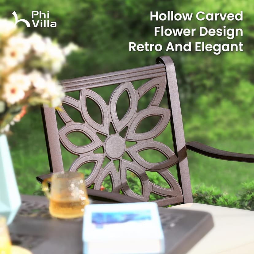 PHI VILLA Cast Aluminum Patio Dining Set for 6 Person, 7 Piece Outdoor Patio Set with 64" x 37" Cast-Top Aluminum Table(2.3" Umbrella Hole), 4 Dining Chairs and 2 Swivel Rockers with Seat Cushions