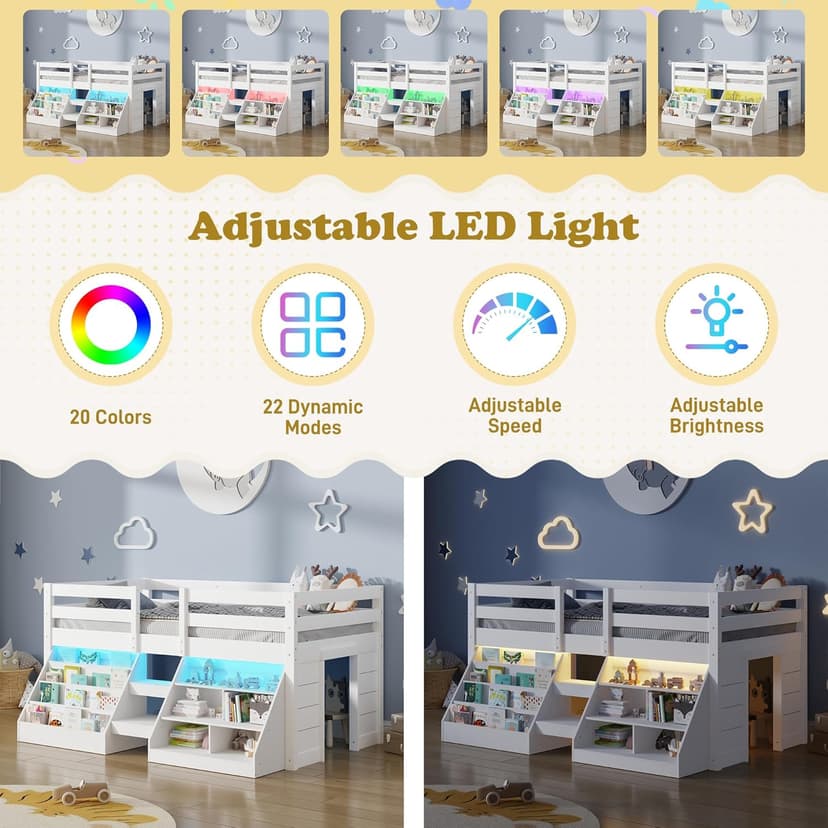Twin Size Low Loft Bed with Stairs for Kids, Wooden Twin Loft Bed with LED Light & Safety Guardrail & Bookcase & Under-Bed Play Space, White