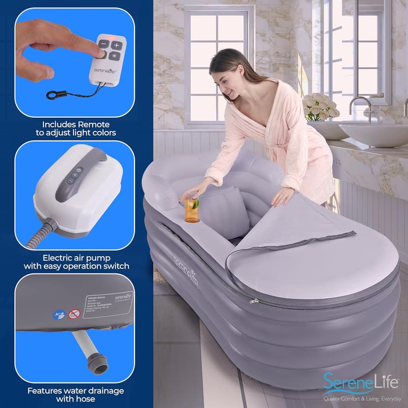 SereneLife Spa Bathtub with Bubble Massage Mat – Inflatable Bathtub with Pillow, Cup Holder, Remote Control for LED Lighting, Backrest and Armrests, Supporting Up To 190 lbs. 66" x 30" x 26"