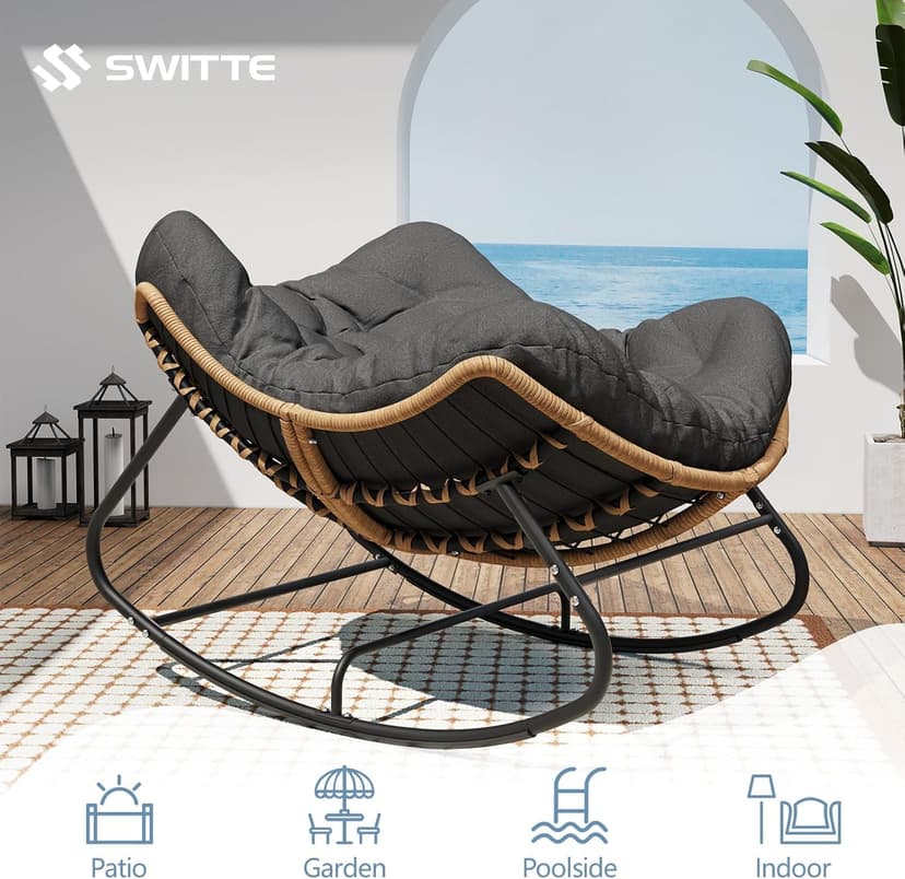 SWITTE Outdoor Rocking Chair, Oversized Patio Papasan Rocker, Comfy Wicker Reading Lounge, Indoor Egg Chair for Bedroom, Living Room, Porch, Garden, Lawn-Dark Grey