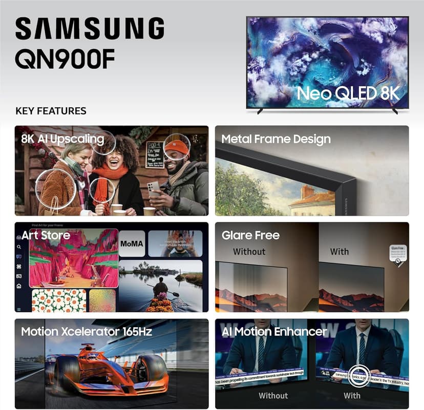 SAMSUNG 85-Inch Class Neo QLED QN900F 8K Mini LED Smart TV (2025 Model) 8K AI Upscaling, Metal Frame Design, Glare Free, Art Store, Samsung Vision AI, Alexa Built-in