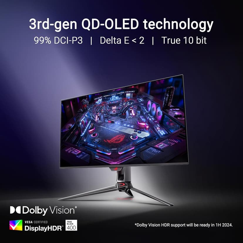 ASUS ROG Swift 32” 4K OLED Gaming Monitor (PG32UCDM) - UHD (3840 x 2160), QD-OLED, 240Hz, 0.03ms, G-SYNC Compatible, Custom Heatsink, Graphene Film, 99% DCI-P3, True 10-bit, 90W USB-C