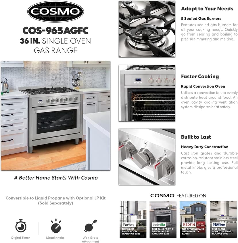 COSMO COS-965AGFC 36 in. Nebula Collection 3.8 cu. ft. Gas Range, 5 Burners, Rapid Convection Oven, Cast Iron Grates in Stainless Steel