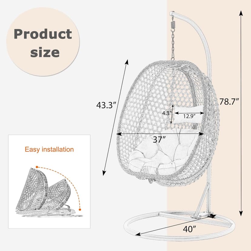Hanging Egg Chair with Stand & Cushions, Outdoor and Indoor Hammock Rattan Swing Chair 350 lbs Capacity with Aluminum Steel Frame for Patio, Balcony, Backyard and Living Spaces (Light Brown)