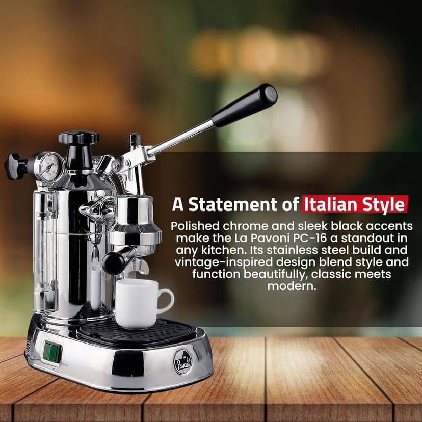 La Pavoni PC-16 Professional Espresso Machine - 16-Cup Capacity Lever Espresso Maker - Chrome Finish- Solid Brass 38oz Boiler - Dual Frothing Systems & Mounted Pressure Gauge - Made in Italy