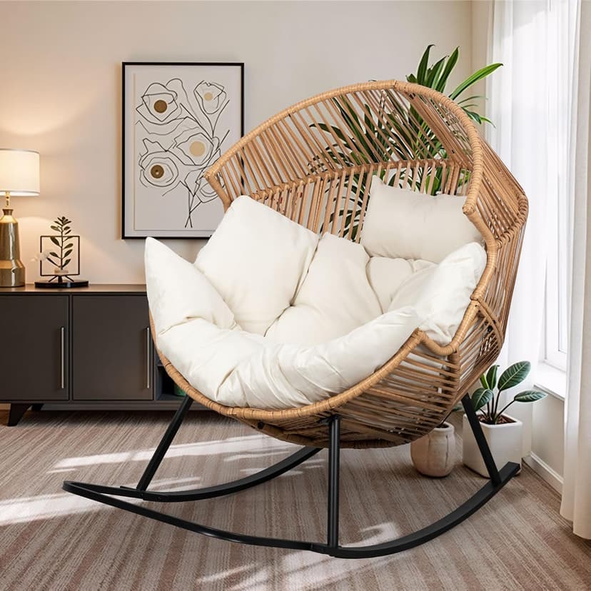 Shintenchi Wicker Egg Chair,Oversized Outdoor Indoor Rocking Chair,Large PE Rattan Rocking Chair with Cushion for Patio, Balcony, Backyard, Garden, Beige