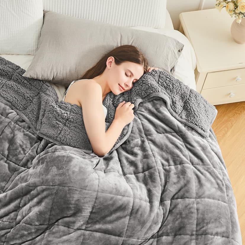 Cottonblue Weighted Blanket 15 lbs Queen Size 60x80 inches, Flannel Shaggy Sherpa Weighted Blanket for Adults Comfortable Weighted Blankets for Calming and Relax, Bed Sofa Heavy Blankets, Grey