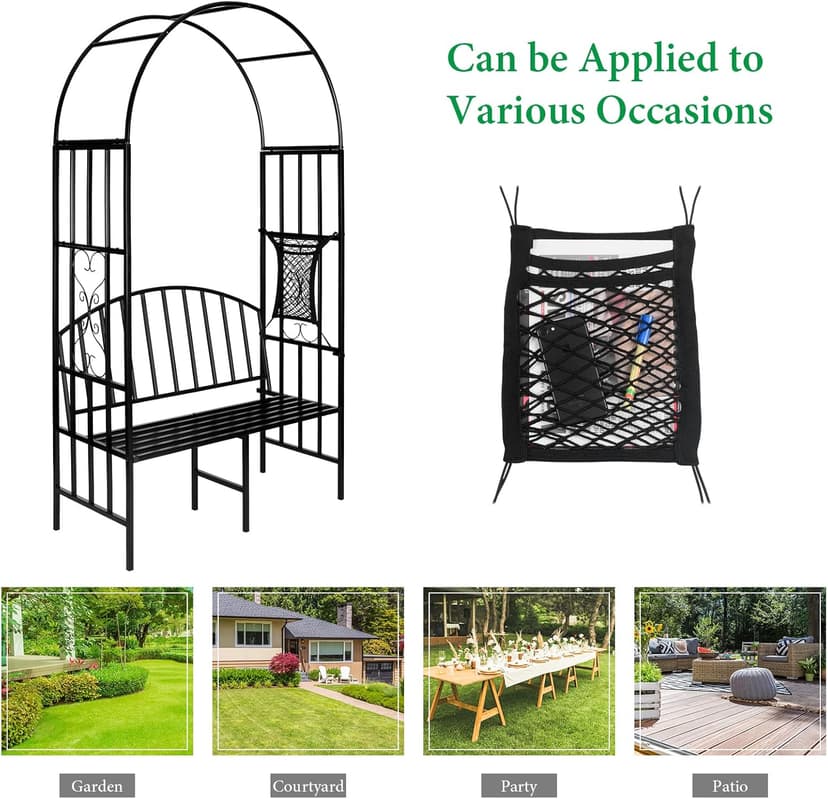 Garden Arch Heavy Duty (Holds 660lbs-250kg) | Metal Arbor Archway for Climbing Plant & Two People Seat Bench |Outdoor Lawn Backyard Decor 81 x 45.3 x 20 in - Black