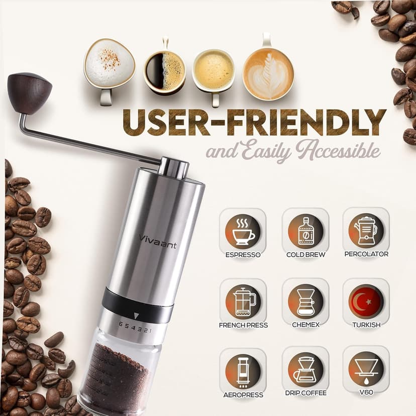 Manual Coffee Grinder — Hand Coffee Grinder with Adjustable Dragon Tooth Stainless Steel Conical Burr, No-Power, Manual Coffee Grinder for Drip Coffee, Espresso, French Press, and More!