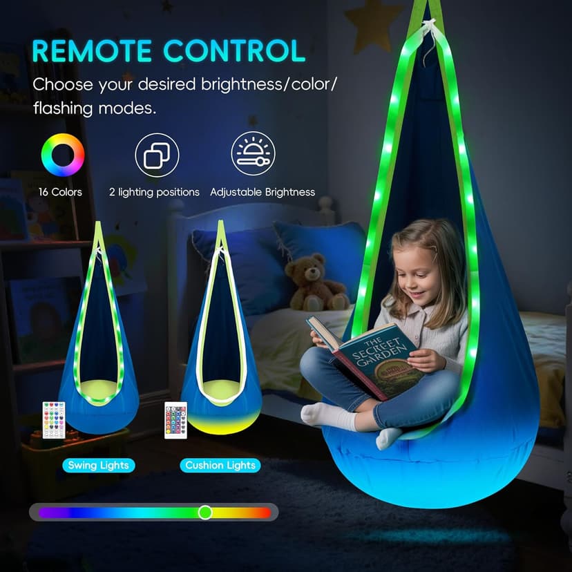 OUTREE Light Up Pod Swing Seat, Sensory Swing with LED Light, Cotton Kids Chair for Indoor and Outdoor, Hammock Chair Easy to Install, Blue