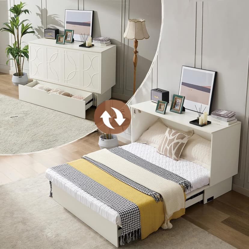 Queen Size Murphy Bed Cabinet with Charging Station & Storage Drawer, Wall-Mounted Tri-Fold Mattress Space Saver for Bedroom, Living Room, Office - White