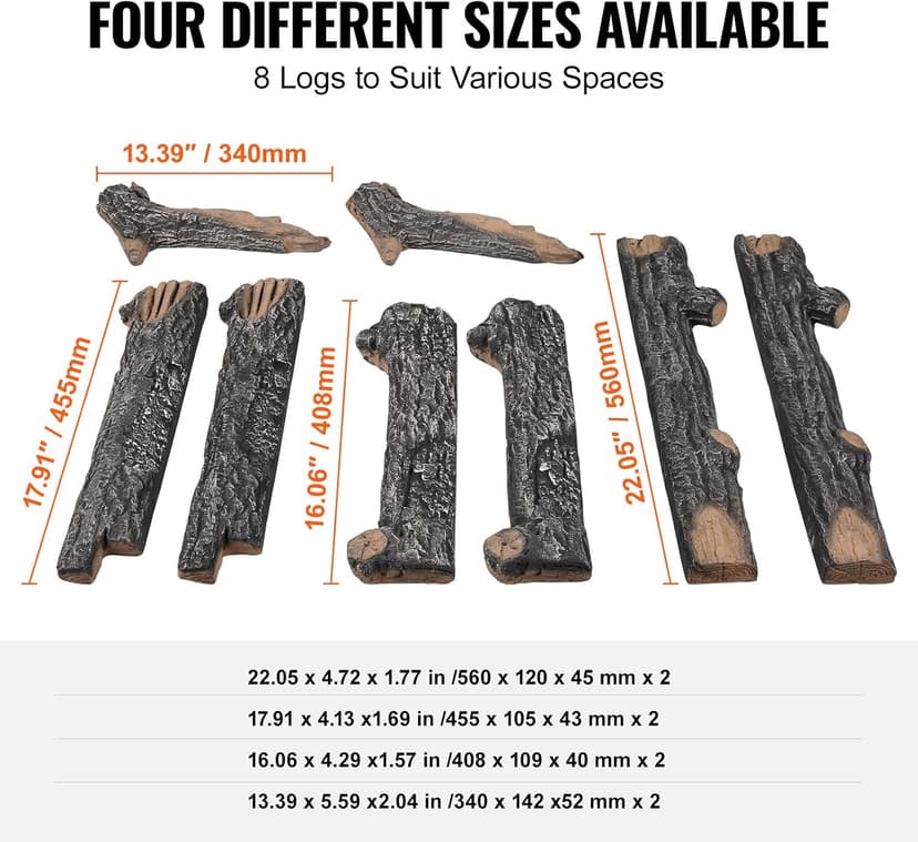 VEVOR 8 Pcs Oak Logs, Gas Fireplace Ceramic Logs for Fire Place, Heat-Resistant Wood Log Gas Realistic Logs, Stackable Wood Branches for Gas Fireplace, Firebowl Indoor or Outdoor