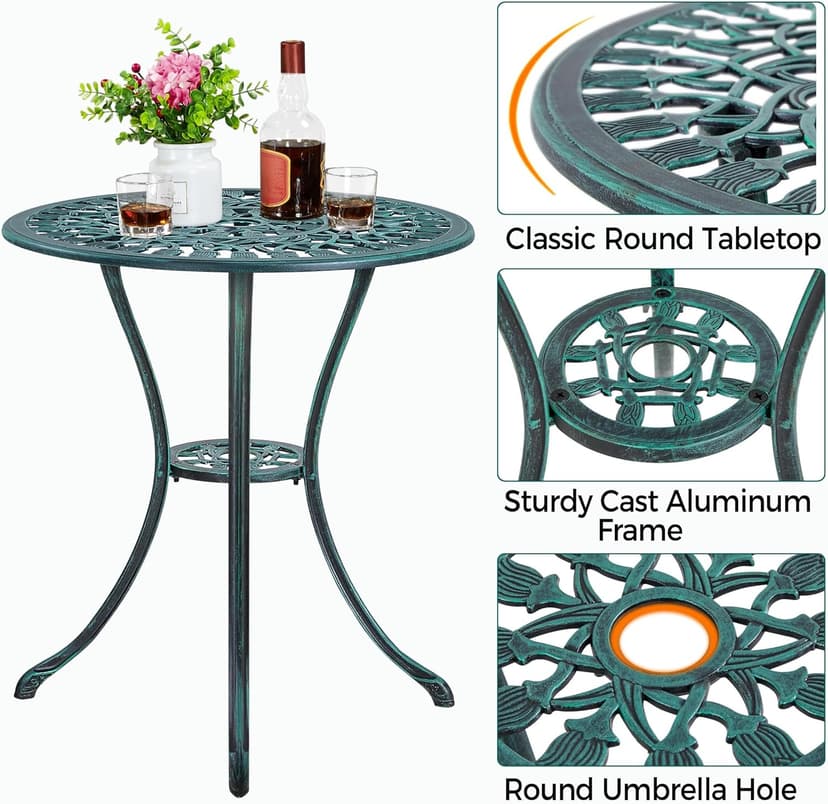 Yaheetech Patio Bistro Sets 3 Piece Cast Aluminum Bistro Table and Chairs Set, Cast Aluminum Bistro Table and Chairs Set of 2 with Umbrella Hole for Patio Backyard Balcony, Green