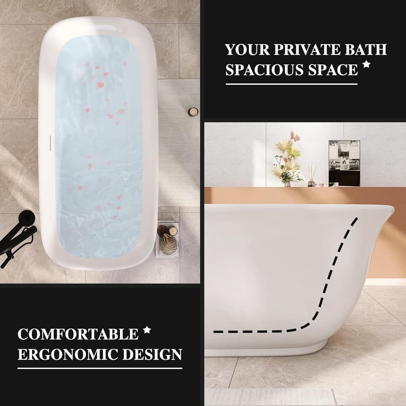 59" Acrylic Freestanding Bathtub, Soaking Tub for Bathroom, Stand Alone Tub, cUPC Certified, Integrated Overflow and Drain, Gloss White