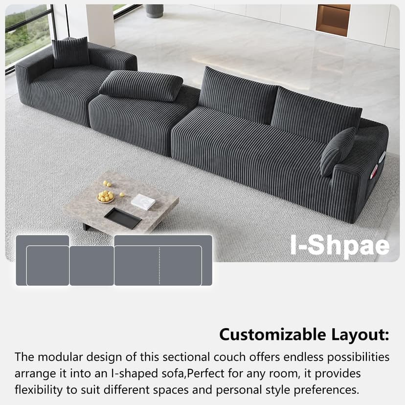 110”Modern Modular L-Shape Couch with Chaise, Modular Sectional Couches for Living Room, Deep Seat Boneless Sofa Bed, No Assembly Required Sleeper Sofa, Plush Corduroy Fabric, Dark Gray
