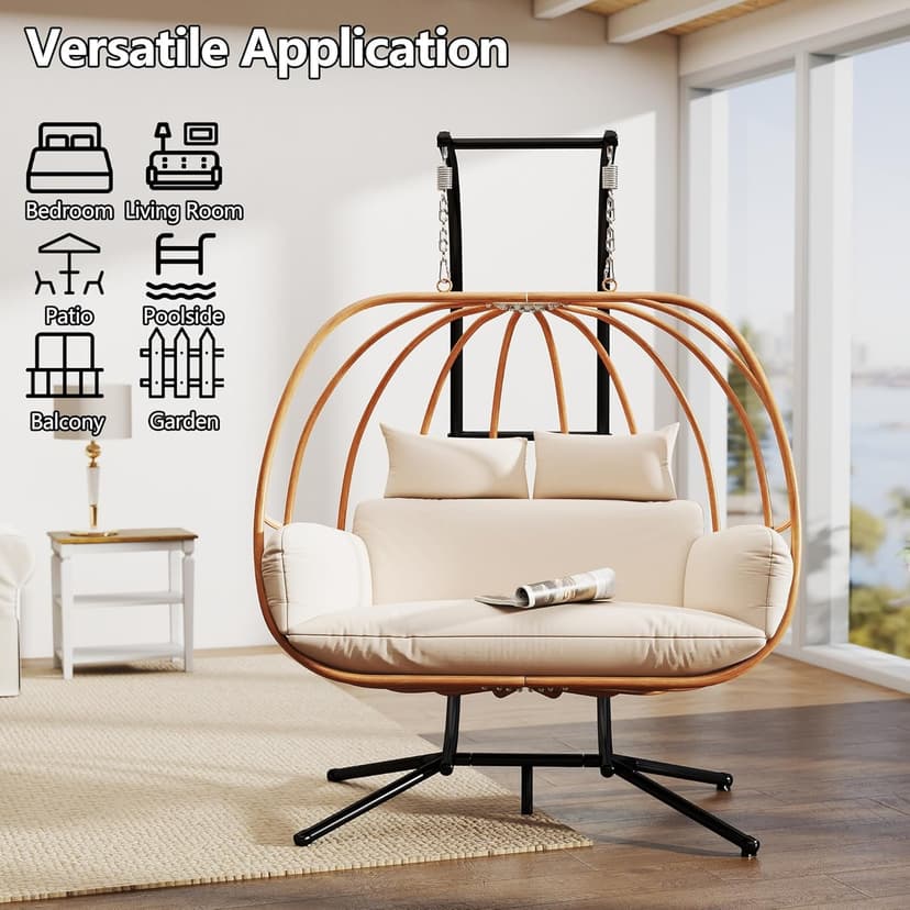 Hanging Chairs with Stand, All Weather Double Egg Chair Outdoor, Metal Hanging Egg Chairs Outdoor, 2 Person Oversized Swing Egg Chair, Modern Balcony Basket Loveseat for Indoor/Deck, Beige