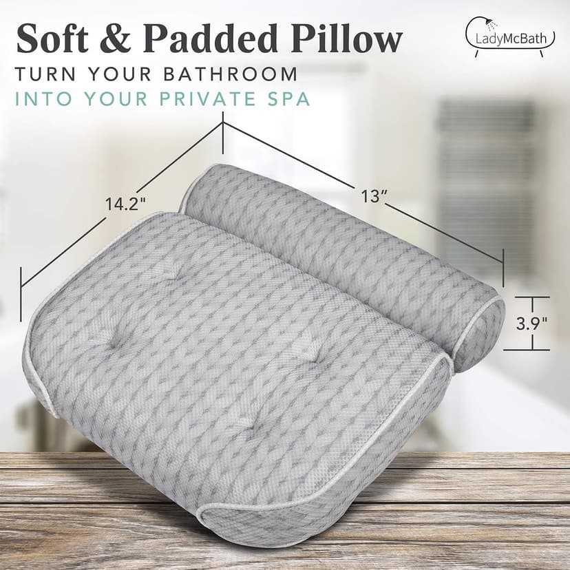Lady McBath Bath Pillow - Luxury Bath Pillows for Tub Neck and Back Support - Powerful Suction Cups, Machine Washable Bathtub Accessory for Relaxation (Grey)