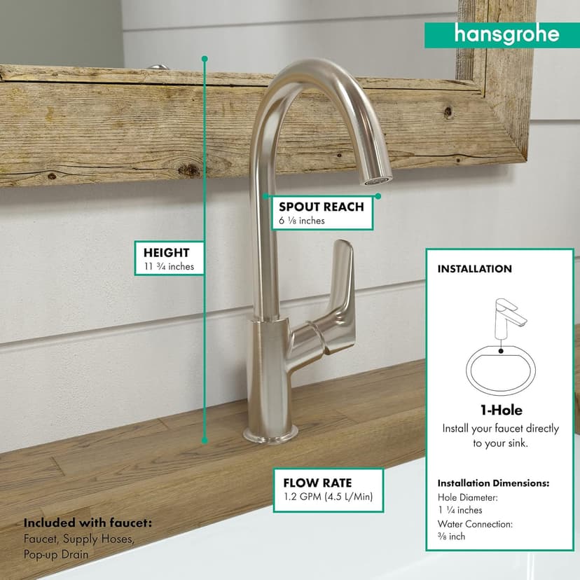 hansgrohe Logis Modern Low Flow Water Saving 1-Handle 1 12-inch Tall Bathroom Sink Faucet in Brushed Nickel, 71130821