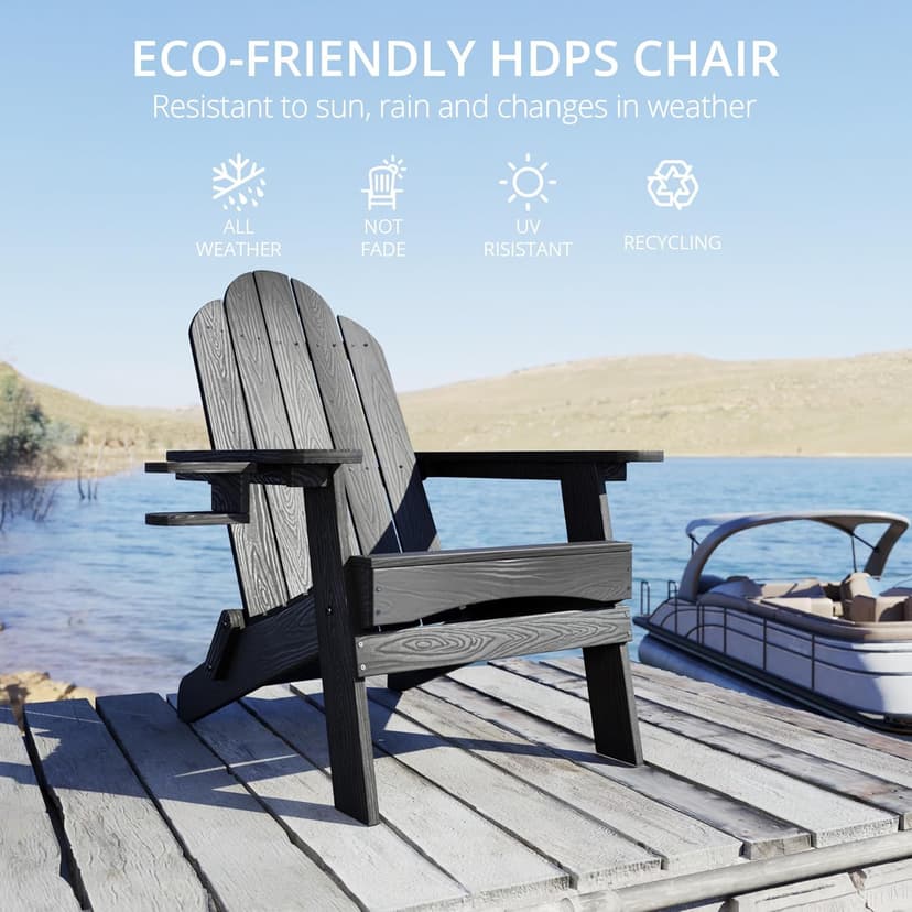 LUE BONA Folding Adirondack Chair Set of 4, Black HDPS Fire Pit Patio Chairs Weather Resistant, Modern Plastic Outdoor Chairs with Cup Holder