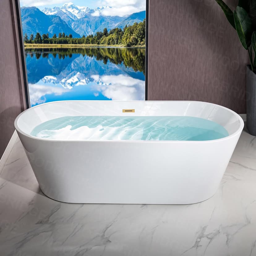 WOODBRIDGE 71" Acrylic Freestanding Bathtub Contemporary Soaking White Tub with Brushed Gold Overflow and Drain,B1701-BG