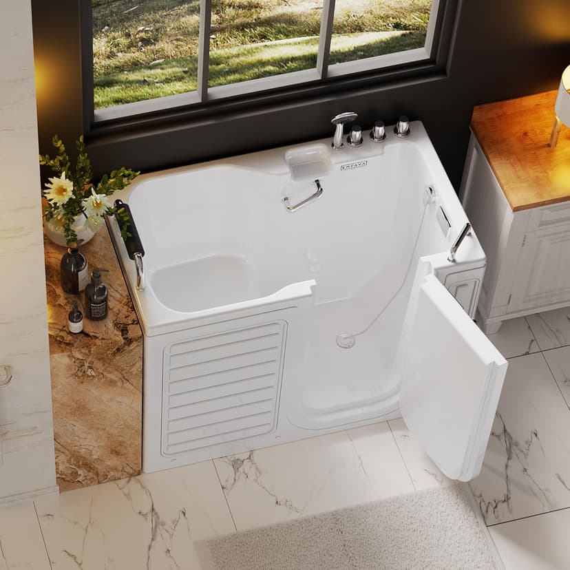 Empava Walk-In Tub, Japanese Soaking Bath, Right Outward Door, Low Threshold, Slip-Resistant, Built-in Seat, Fast Drain, Handrails, Easy Access for Seniors & Mobility-Impaired,54"