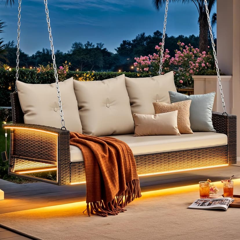 YITAHOME 3 Seats Patio Porch Swing, Outdoor Wicker Hanging Bench Rattan Chair Seat with LED Lights & Soft Cushions for Outside, Garden, Backyard, Lawn, Light Brown & Beige
