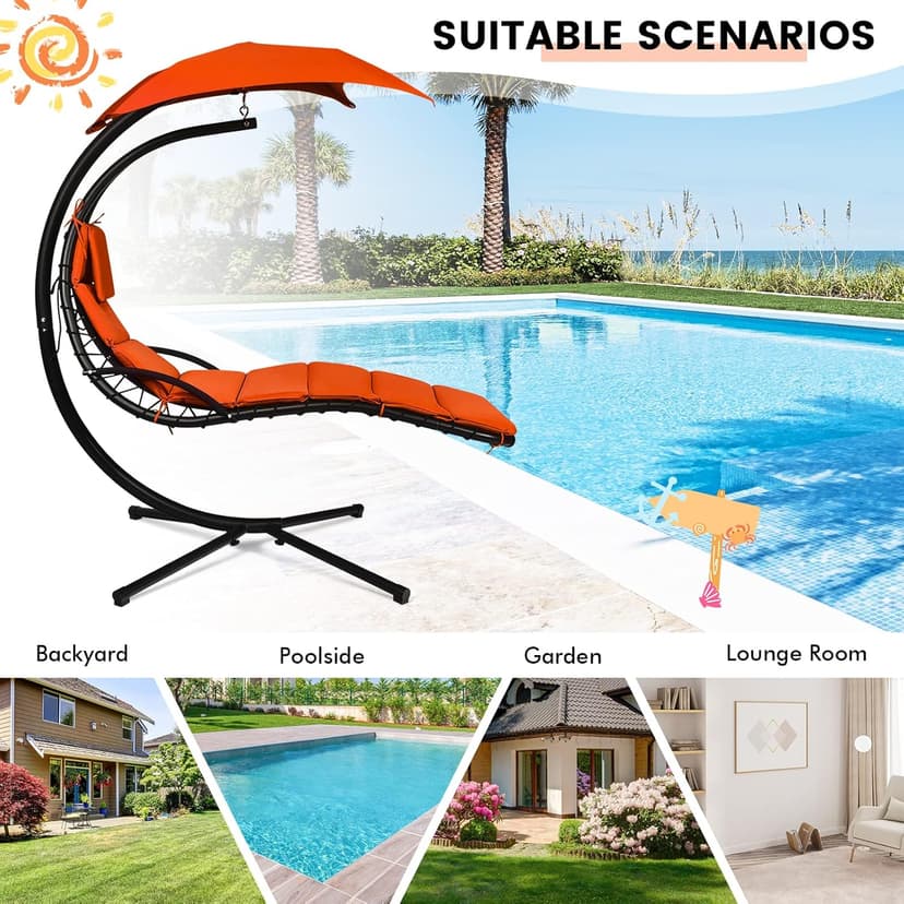 Tangkula Hanging Chaise Lounge, Arc Stand Floating Hammock Swing Chair w/ Canopy and Built-in Pillow, Curved Steel Patio Lounge Chair, Freestanding Hammock Chair with Stand for Patio Backyard Garden