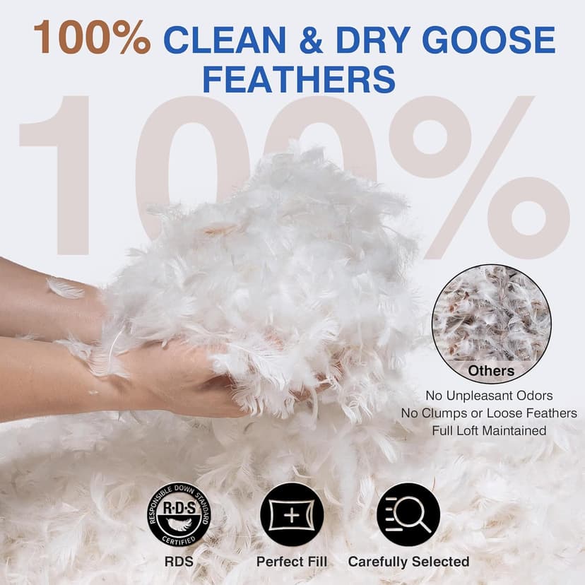 Goose Feather Pillows Queen Size Pack of 2 - Down Hotel Bed Pillows for Sleeping, Soft 600 Thread Count Cotton Cover, Fluffy Support Surround Fill Polyester for Side, Back, Stomach Sleepers