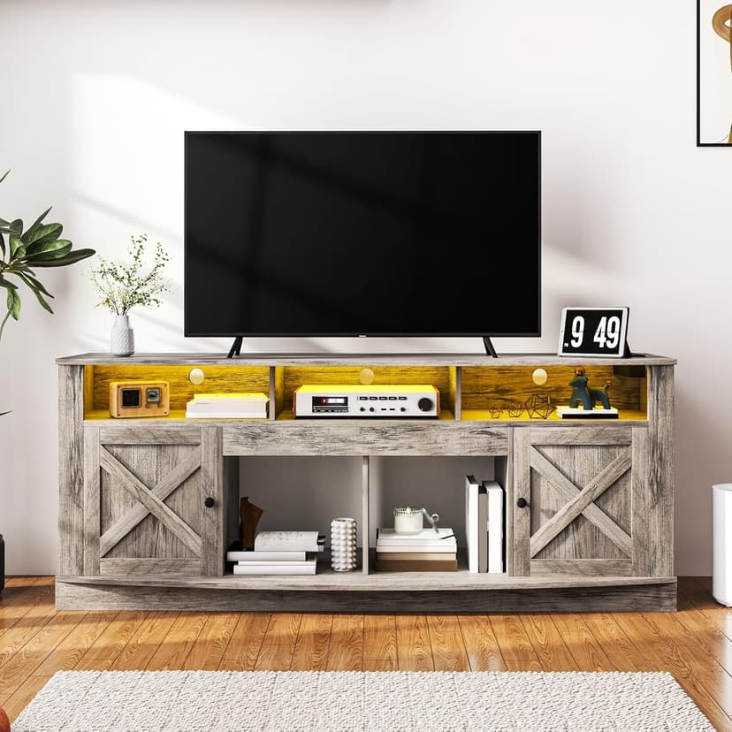 DWVO TV Stand for 75/80 Inch TV, Entertainment Center, LED Light Media Console, TV Cabinet with Barn Doors and Power Outlet for Living Room, Washed Grey