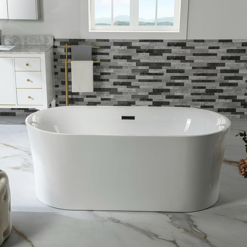 WOODBRIDGE 59" Acrylic Freestanding Bathtub Contemporary Soaking Tub with Matte Black Overflow and Drain,White Tub,B0058-MB