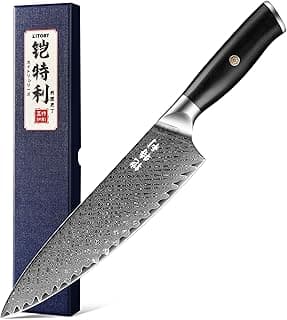 Damascus Chef`s Knife 8",10Cr15CoMoV HC Steel Cutting Core cladded with 72 Layers Damascus Steel, Pakkawood Handle, Premier Kitchen Gadget w/t Gift Box