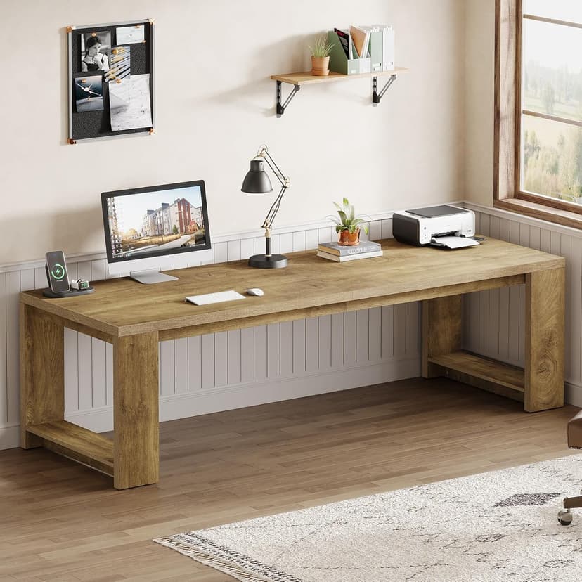 Tribesigns Two Person Desk, 86.6 Inches Extra Long Desk, Double Computer Writing Table, Wood Large Desks Workstation for Home Office, Natural Oak
