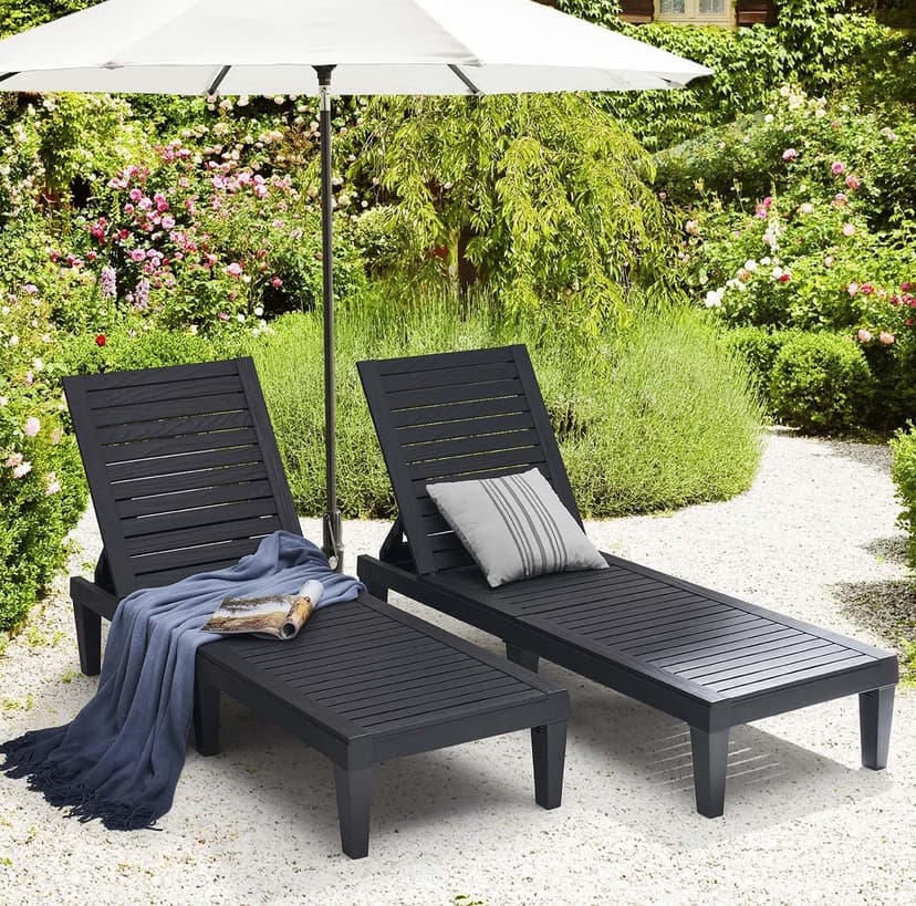 Nestl Patio Chairs - Black Chaise Lounge Chair Outdoor, 5-Position Adjustable Sun Tanning Chair, Waterproof Pool Lounge Chairs Set of 2, Reclining Lawn Chair, Lightweight Outdoor Lounge Chairs