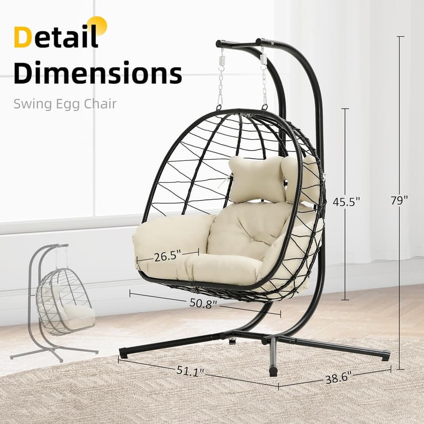 Double Egg Chair wth Stand Hammock Swing Chair Foldable Hanging Loveseat, UV Resistant Removable Cushions, 700LBS Capacity for Bedroom, Balcony, Garden(BK-BE)