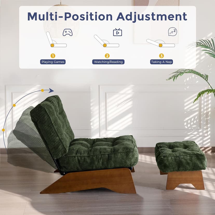 MAXYOYO Accent Chair with Ottoman Adjustable Backrest, Tufted Living Room Chair Upholstered Lounge Chair with Footrest Set, Modern Chair Cozy Reclining Chair for Reading Room, Green