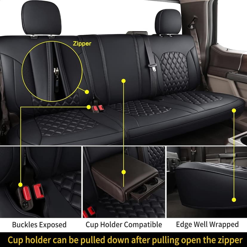 Huidasource Ford Seat Covers, Leather Pickup Seat Cushion Cover Fit for 2015-2024 Ford F150 SuperCrew & 2017-2024 F250 F350 F450 Super Duty Crew Cab XL XLT Lariat King Ranch Platinum(Full Set/Black)