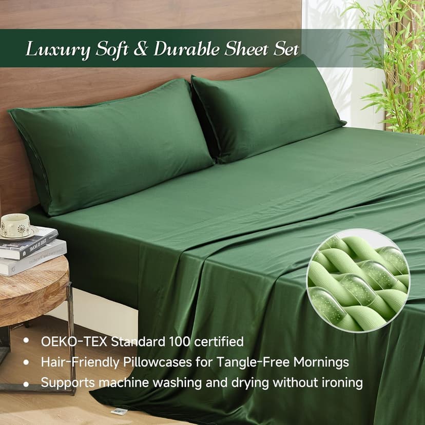 Simple&Opulence 100% Organic Viscose Derived from Bamboo Bed Sheet Set 4 Piece, Breathable Cooling Bedding Set with 15" Deep Pockets, Luxury Ultra Soft for Hot Sleepers (Dark Green,King)
