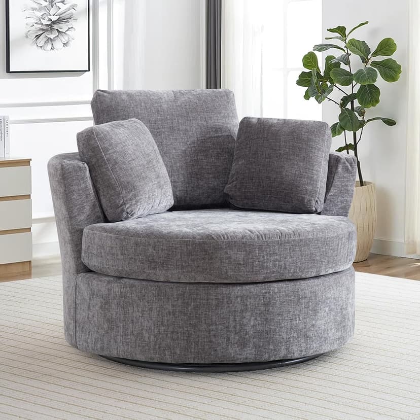 42" W Modern Grey Swivel Barrel Chair with 360° Round Metal Base & Soft Chenille Pillows & Thick Cushion, Comfy Oversized Chaise Longue Indoor Living Room, Bedroom Club Reading Armchair (Gray)