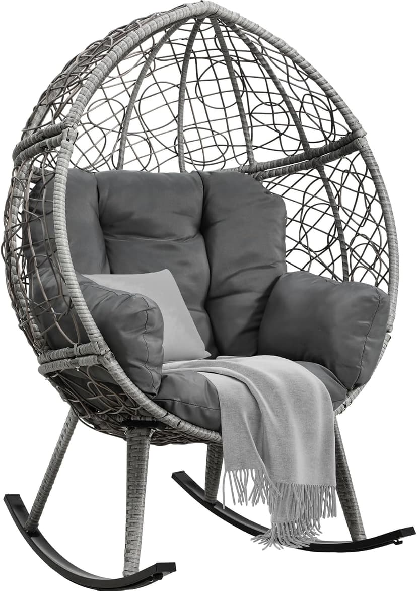 YITAHOME Wicker Rocking Egg Chair, Outdoor Patio Rocking Chair with 5.9in Thick Cushion, 250lb Capacity, Anti-Slip, All-Weather Resilient Egg Lounger Chair for Indoor & Outdoor, Grey(1 Pack only)