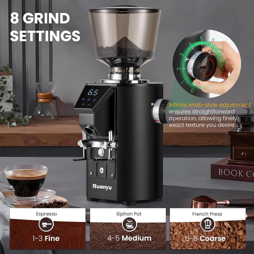 Huanyu Commercial Coffee Grinder with Touching Screen Infinite Adjustment 8 Grinding Settings Burr Coffee Grinders for Shops with Dual Dosing Modes