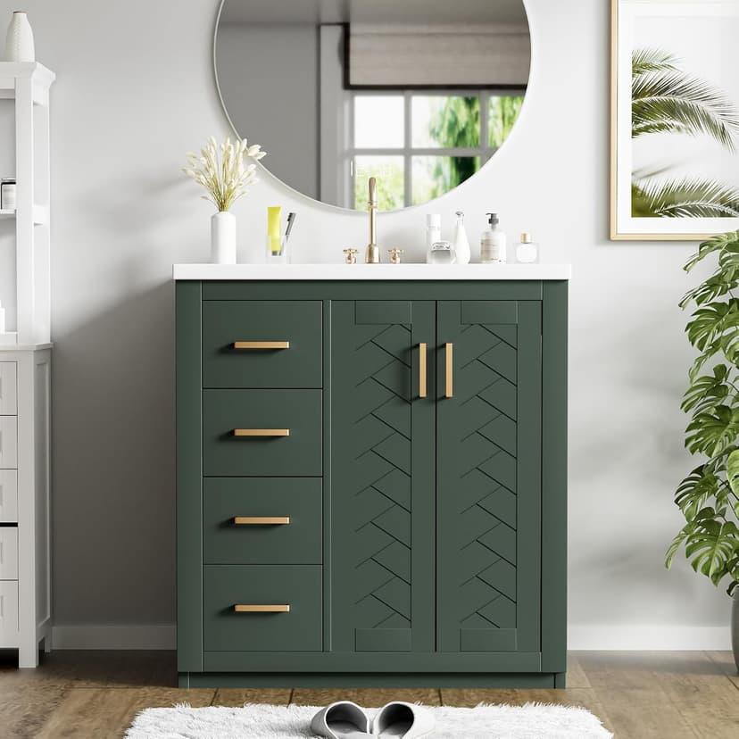 Merax 30'' Bathroom Vanity with Ceramic Sink Combo, Solid Wood Frame Bathroom Storage Cabinet, Freestanding Vanity Set with 3 Drawers& Soft Closing Doors, Green