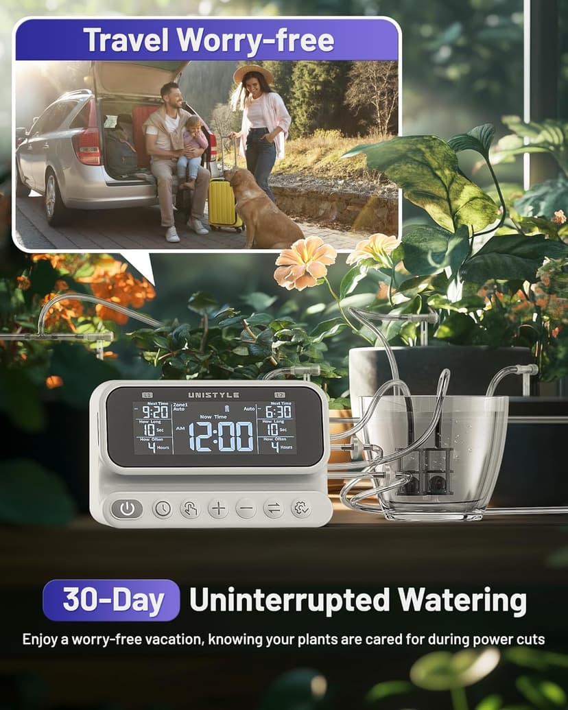 [2026 Upgrade] 2 Zone Automatic Plant Waterer for Indoor Holiday, Unistyle Drip Irrigation System with Programmable Vacation Timer, Watering Devices for 30 Potted Plants, Grey, Easter Gifts