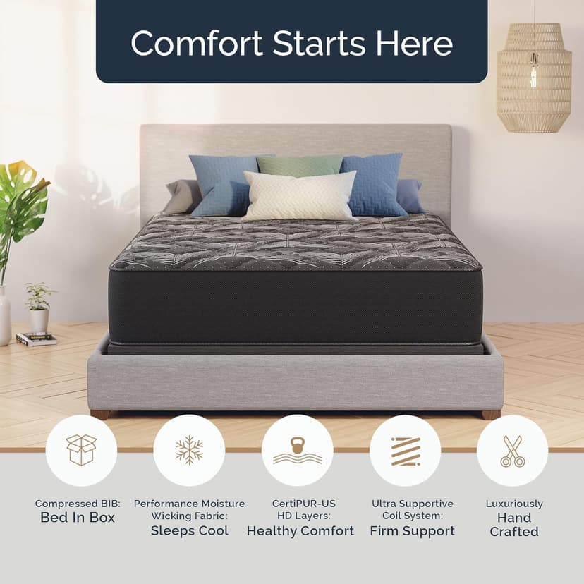 Loosh King Size 12" Extra Firm Mattress Moisture Wicking Fabric, Cool Sleep - Inner Spring System & High-Density Foam Layers for Support & Comfort - CertiPUR-US Certified, Bed in Box