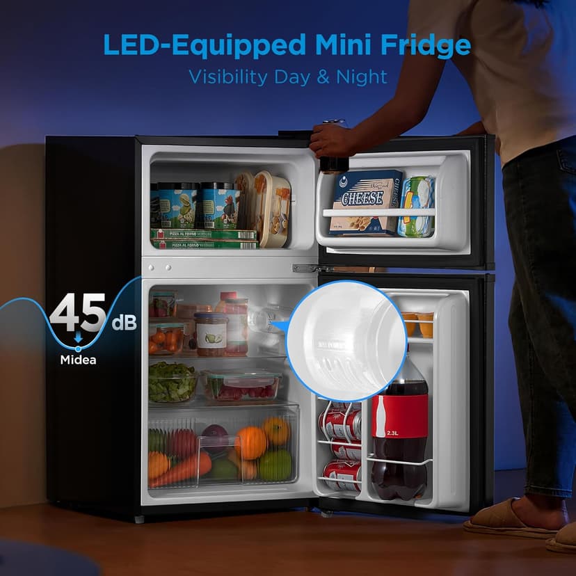 Midea WHD-113FB1 Double Door Mini Fridge with Freezer for Bedroom Office or Dorm with Adjustable Remove Glass Shelves Compact Refrigerator, 3.1 cu ft, Black