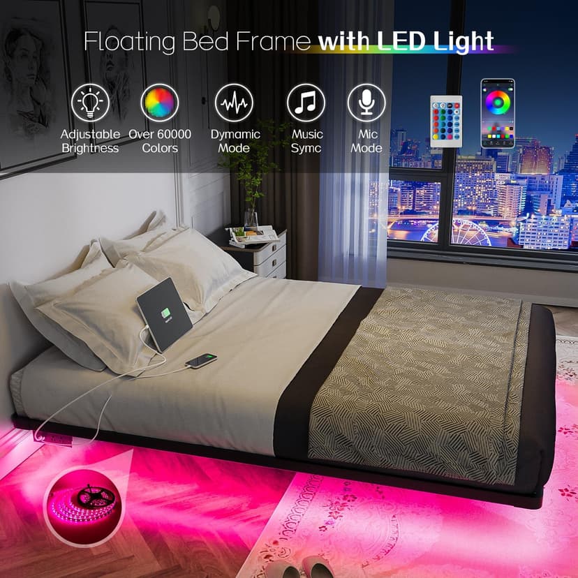 OLEVS Floating Bed Frame Full Size with Smart LED Lights and Charging Station - Modern Metal Platform Bed, Easy Assembly No Box Spring Needed