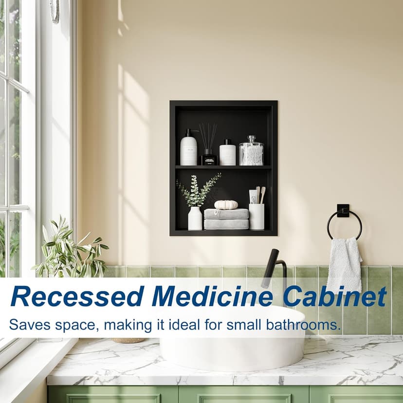14x18 Medicine Cabinet Recessed, Medicine Cabinet Without Mirror, 304 Stainless Steel Medicine Wall Niche with Double Shelves, Matte Black