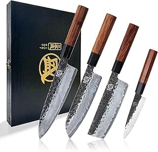 MITSUMOTO SAKARI Japanese Chef's Knife Set 4 Pcs, Professional Hand Forged Kitchen Chef Knife Set, High Carbon Ultra Sharp Cooking Chefs Knife Set (Rosewood Handle & Sandalwood Box)